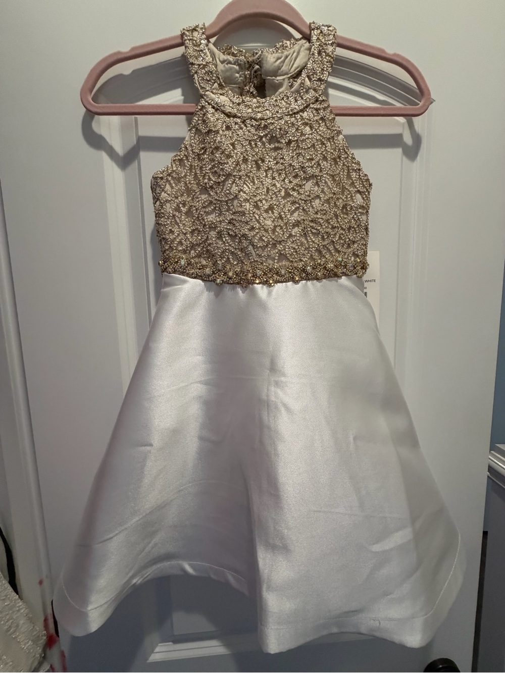 Rare Editions Gold Beaded Bodice White Satin Dress